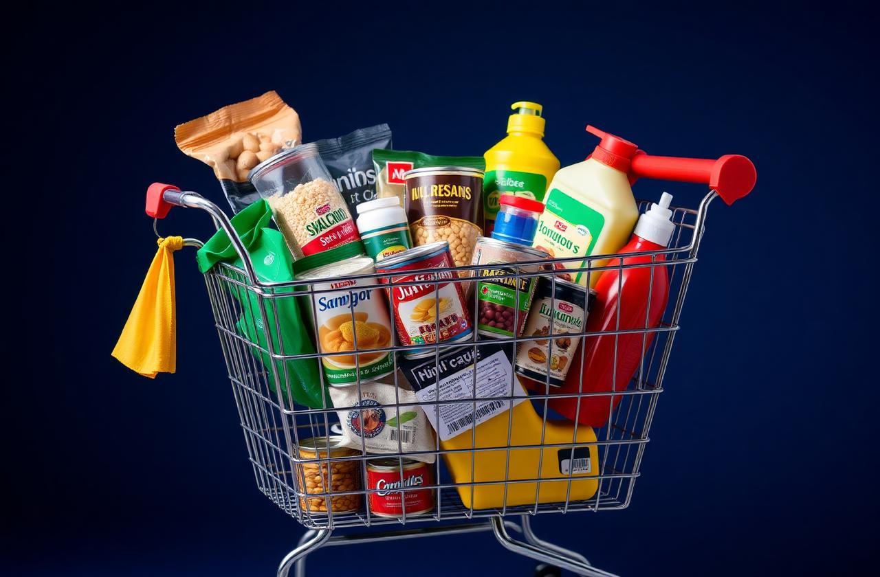 Carrito de compras lleno de productos de abarrotes